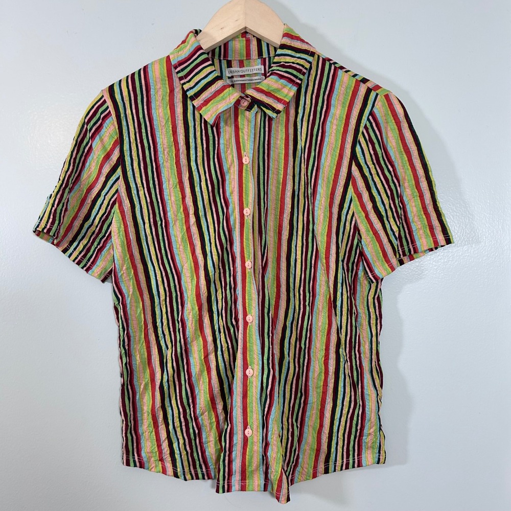 Urban Outfitters Multi Color Striped Crinkle Short Sleeve Button Down Shirt L